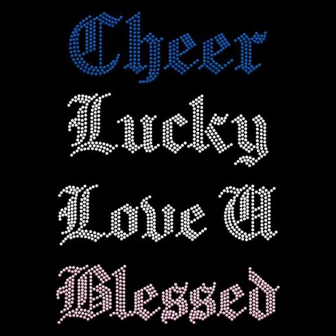 مجموعة من 4 Cheer Rhinestone Iron on Hotfix Transfer Words Lucky Bling الحديد على نقل شارات Love u المباركة النقل القميص الكريستالي Sparkly لأكياس الملابس قبعات السراويل ديكور شارات DIY in Kuwait