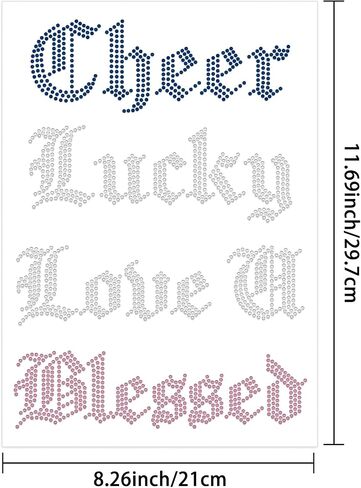 مجموعة من 4 Cheer Rhinestone Iron on Hotfix Transfer Words Lucky Bling الحديد على نقل شارات Love u المباركة النقل القميص الكريستالي Sparkly لأكياس الملابس قبعات السراويل ديكور شارات DIY in Kuwait