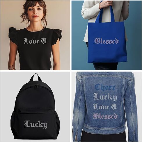 مجموعة من 4 Cheer Rhinestone Iron on Hotfix Transfer Words Lucky Bling الحديد على نقل شارات Love u المباركة النقل القميص الكريستالي Sparkly لأكياس الملابس قبعات السراويل ديكور شارات DIY in Kuwait