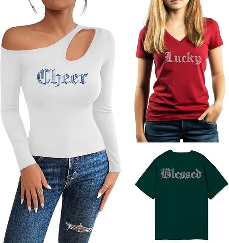 مجموعة من 4 Cheer Rhinestone Iron on Hotfix Transfer Words Lucky Bling الحديد على نقل شارات Love u المباركة النقل القميص الكريستالي Sparkly لأكياس الملابس قبعات السراويل ديكور شارات DIY in Kuwait