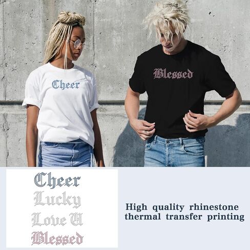مجموعة من 4 Cheer Rhinestone Iron on Hotfix Transfer Words Lucky Bling الحديد على نقل شارات Love u المباركة النقل القميص الكريستالي Sparkly لأكياس الملابس قبعات السراويل ديكور شارات DIY in Kuwait