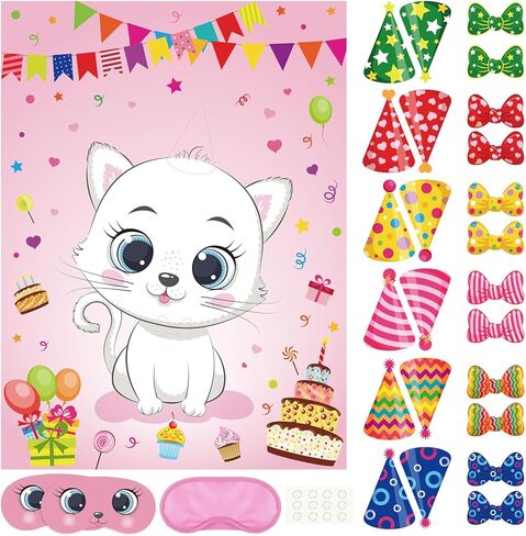 لعبة Plulon Cat Party Game for Kids Pin the Hat Bow Tie على ملصق لعبة عيد ميلاد Cat For Boy Girl Birthday Summer Party Form in Kuwait