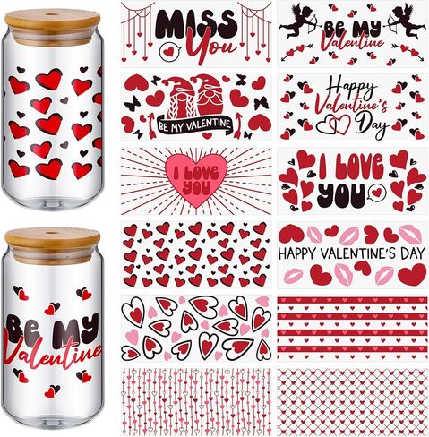 ReliThick 12 Sheets of Valentine's Day UV DTF Cup Wrap Transfer Sticker for Glass Valentine's Day Rub on Transfers for 16 oz Glass Cup Transfers for Furniture Waterproof Decals for DIY Crafts(Bright) in Kuwait