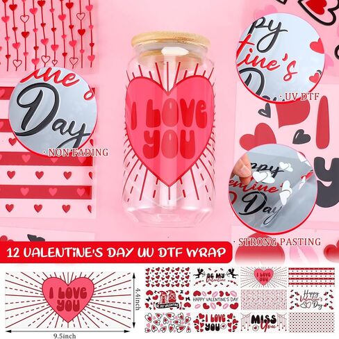 ReliThick 12 Sheets of Valentine's Day UV DTF Cup Wrap Transfer Sticker for Glass Valentine's Day Rub on Transfers for 16 oz Glass Cup Transfers for Furniture Waterproof Decals for DIY Crafts(Bright) in Kuwait
