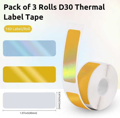 D30 Label Maker Tape, 12mm × 40 mm Label Tape, Label Printer Paper Thermal Sticker Label Tape for Home, School, and Office, 160 Tapes/Roll, 3-Roll, Laser in Saudi Arabia