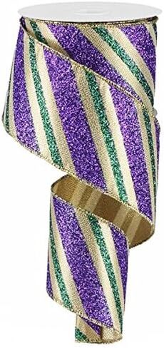 Diagonal Glitter Stripe Wired Edge Ribbon - 2.5" x 10 Yards (Gold, Purple, Emerald) in Saudi Arabia