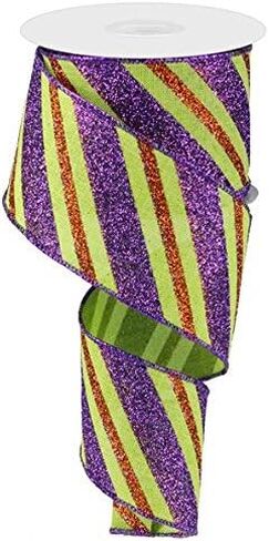 Diagonal Glitter Stripe Wired Edge Ribbon - 2.5" x 10 Yards (Gold, Purple, Emerald) in Saudi Arabia