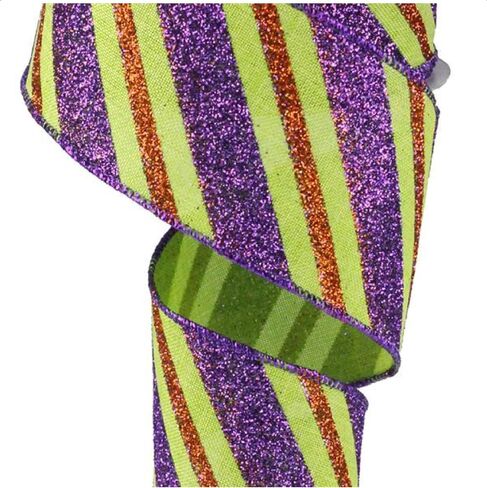 Diagonal Glitter Stripe Wired Edge Ribbon - 2.5" x 10 Yards (Gold, Purple, Emerald) in Saudi Arabia