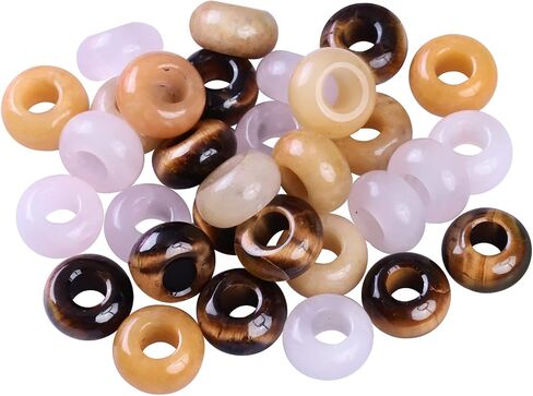Tumbeelluwa 30pcs stone stone حبات كبيرة الثقب للمجوهرات صنع حبات macrame لتجفد الشعر (14mmx8mm) ، Tiger’s Eye + Rose Quartz + Yellow Jade in Kuwait