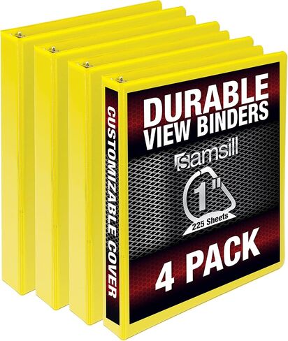 Samsill Durable 1 Inch . , Made in the USA, D Ring . , Customizable Clear View Cover, Yellow, 4 Pack, Each holds 225 Pages in Saudi Arabia