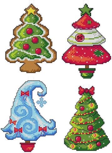 Counted Cross-Stitch Kit on Plastic Canvas with Christmas Trees. 4 Winter Ornaments Different Dimensions 141CS. Superb for Art & Craft Amateurs in Kuwait