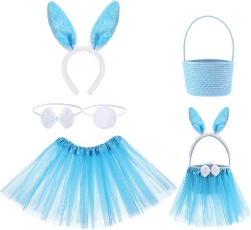 Tutu Easter Baskets Easter Costume Ruffled Tulle Fluffy Ears and Bunny Headband Bow Tie Tail Party Favors Gift for Girls DIY Egg Playset Decorations(Pink) in Kuwait
