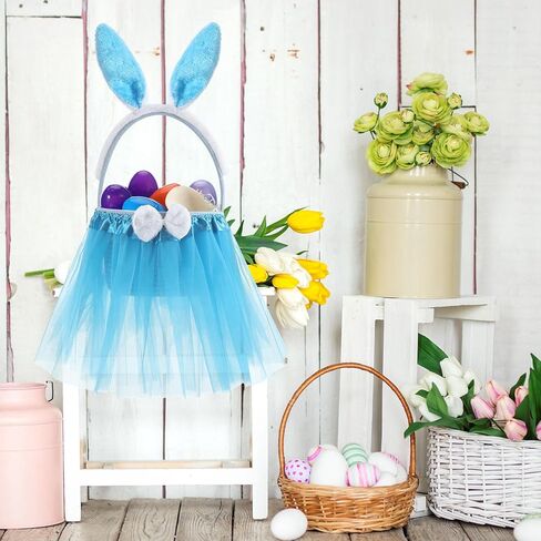 Tutu Easter Baskets Easter Costume Ruffled Tulle Fluffy Ears and Bunny Headband Bow Tie Tail Party Favors Gift for Girls DIY Egg Playset Decorations(Pink) in Kuwait
