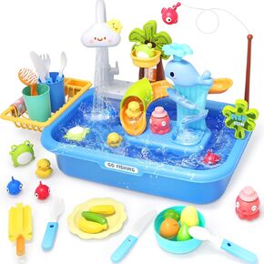 Kids Play Sink with Running Water,Toddler Sink Dishwasher Toy with Electric Faucet, Pretend Play Water Table for Toddlers Age2-4, Role Play Kitchen Playset Gift for Boy Girl 3-5 Years Old(Pink)
