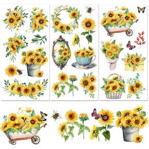 3 Sheets Sunflower Rub on Transfer Waterproof Furniture Transfers Decals Summer Flower Farmhouse Rub on Decals 6 x 12 Butterfly Transfer Stickers for Wood Door Cabinet Craft Home Decor