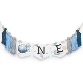 Tegeme Outer Space Planets Rockets One High Chair Banner 1st Birthday Party Decoration Astronaut Rocket for Baby Shower Blue and White Wall Hangings Decorative for Bedroom
