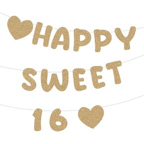 Champagne Gold Happy Sweet 16 Birthday Banner, Happy Sweet 16 Banner, Glitter Sixteenth Birthday Party Decorations, Sweet 16 Party Decorations, 16th Birthday Party Sign for Birthday Party