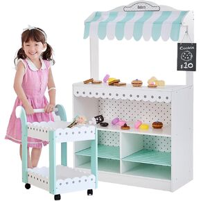 Teamson Kids My Dream Bakery Shop Dessert Stand and Rolling Pastry Cart Interactive Wooden Play Set with 18 Pretend Baked Goods, White and Mint Green with Gray Polka Dot Accents