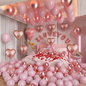 Valentines Day Balloons With I Love You Balloons Heart Balloons Rose Shaped Balloon 200pcs Rose Petals Pink Confetti Balloons, for Valentine Day Decorations, Romantic Night, Anniversary