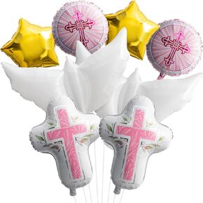 Religious Foil Balloons Party Decoration - 7Pcs Cross White Dove Star Aluminum Balloons for Baptism First Communion Party Supplies God Bless Christening Memorial Baby Shower Decor (Blue)