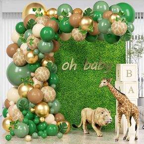 YQUQWN 166 PCS Woodland Safari Balloon Garland Kit, with Palm leaves Artificial Ivy Leaves, Sage Green Wild One Camper Balloon Arch for Tropical Birthday Party, Wedding Baby Shower Party Decorations