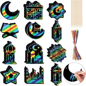 HOWAF 36PCS RAMADAN MUBARAK SCRATCH PAPER ART KIT ، عيد مبارك قوس قزح خدش خارج بطاقات لعيد العطلة مدرسة الرسم DIY لمستلزمات مشروع رمضان كريم خدش للأطفال