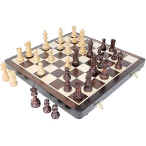 House of Chess - Victorian Staunton Golden Acacia Wood Chess Set - 14 x 14 Inches Wooden Folding Chess Board with Algebraic Notation - Wooden Chess Pieces with King Height 3 Inches + 2 Extra Queens