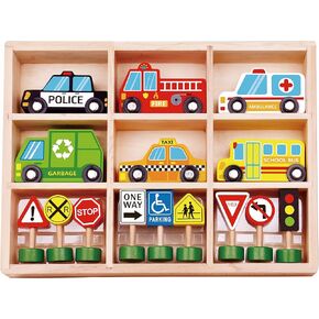 TOOKYLAND Wooden Vehicules and Street Signs Play Set - 16pc - Toy Cars, Trucks and Busses, Ages 3+