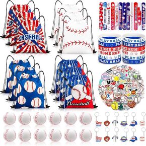 110Pcs Baseball Party Favors Drawstring Bags Baseball Goodie Bag with Mini Ball, Wristband, Slap bracelets, Keychains, Stickers for Baseball Party Supplies