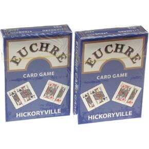 Euchre Card Game - 4 Specialty Decks Pre-Stripped to 24 Cards (9 Thru Ace) for Classic American Euchre - Custom Blank Counter Cards Included. 2 Blue and 2 Red Decks.