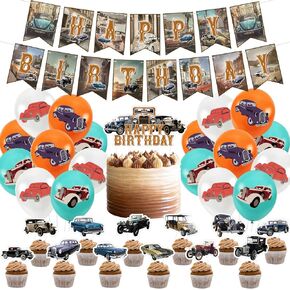 Classic Car Party Decorations Vintage Car Themed Birthday Party Decorations Retro Route 66 Birthday Decorations Include Happy Birthday Banner Cake & Cupcake Toppers Balloons