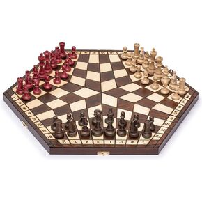 Husaria Wooden Three-Player Chess Game Set - 21 Inches - with Foldable Board, Handcrafted Playing Pieces, and Felt-Lined Storage