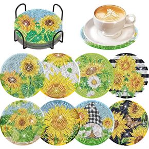 Maitianguyou 8pcs Sunflowers Diamond Art Coasters Kit مع حامل ، ومرافعي Sunflower Diy Diamond Painting Casters للمبتدئين ، وهدية للبالغين ، وإمدادات الفنون الماسية