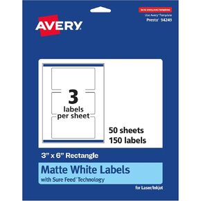 Avery Matte White Rectangle Labels with Sure Feed, 3" x 6", 75 Matte White Printable Labels