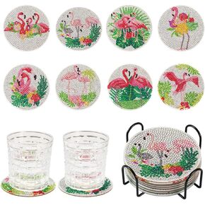 FASHEWELRY 8pcs Flamingo Diamond Painting Coaster Kit Diamond Art Crafts Bird Diamond Dot Coasters for Valentine's Day Beginners, Adults