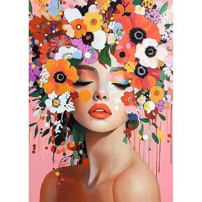 Lxmsja Beautiful Woman Diamond Art Kits for Adults, Flowers DIY Full Drill Diamond Painting Kits for Beginners, 5D Gem Art Crafts for Adults, Home Wall Decor 12x16 inch