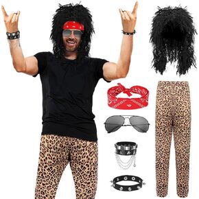 زي الثمانينيات للرجال مجموعة أزياء الروك ، زي ديسكو روك مع IEOPARD PRINT PANTS ROCKER WIG Bandana Sunglasses