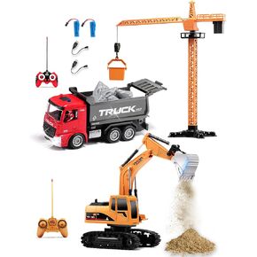 ANTSIR Remote Control Fire Truck Toy Set for Boys, RC Engineering Construction Vehicle with Rescue Ladder Alarm Lights, Hose, Working Water Pump Christmas Birthday Gift for Kids