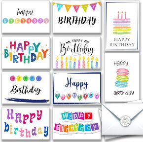 120 Happy Birthday Cards Bulk, Blank Inside with Envelopes and Stickers, 10 Unique Design Notes for Office, Business, Employees and Personal 4x6 Inch