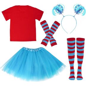 choyaxo 5 Pcs Halloween Costume Set Headband,Red Shirts,Tutu Skirt,Thigh High Socks,Striped Gloves