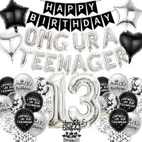ديكورات عيد الميلاد الثالثة عشر للأولاد - اللوازم الرسمية لحفلات المراهقون الأسود لافتة عيد ميلاد سعيد ، يا إلهي ، البالونات في مراهق ، رقم 13 كعكة بالون في سن المراهقة البالغة من العمر 13 عامًا in Kuwait