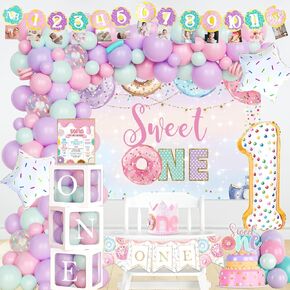 Sweet One Birthday Party Decorations, Donut 1st Party Decorations, Sweet One Backdrop Balloon Photo Highchair Banner Cake Topper Box Poster Crown for Girls Pastel First Birthday Supplies