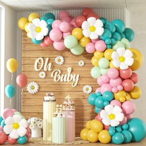 Groovy Daisy Balloon Arch Garland Kit with Teal Yellow Green Pink Balloons Daisy Balloons for Baby Shower First Birthday Groovy Party Decorations