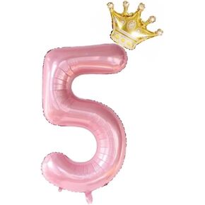 40-Inch Pink Crown Number 5 Balloons Set,5th Birthday Balloons for Girls, Jumbo Helium Foil Balloons，Childrens Birthday Party Decorations. (Number 5)