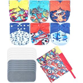 6pcs Washable Cloth Diapers with One-Fit-All Double Gussets Side Leakage Prevention Design Packed with 12pcs Inserts and 2pcs Wet Bags for Baby Girls and Boys(Girl Prints 05)