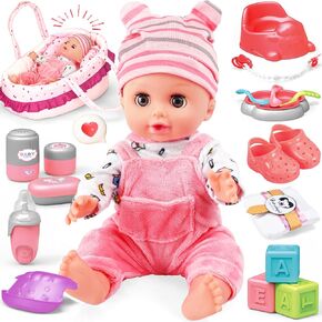 Baby Doll Playset - 14 Inch Doll with Baby Doll Accessiores, Realistic Pretend Play Doll Set, Includes Carrier Bassinet Bed, Feeding Set, Baby Doll Clothes, Toddler Toys for 2 3 4 5 Years Old