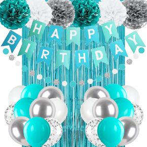 Teal Blue and Silver Happy Birthday Party Decorations for Men Boys Women Girls, Turquoise Aqua Teal Décor Supplies for Him Her 13th, 16th 18th 20th 21st 25th 30th 40th 50th 60th Birthday Party