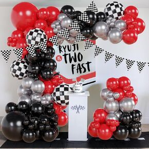 Race Car Balloon Arch Garland Kit 126Pcs Red Black and Metallic Silver Balloons with Checkered Foil Balloons and Checkered Flag Banner for Two Fast Birthday Party Decorations