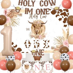 Highland Cow 1st Birthday Decorations, Holy Cow I’m One First Birthday Party Supplies for 1 Year Old Girl, Pink Caramel Color Balloon Cake Topper Backdrop Highchair Banner