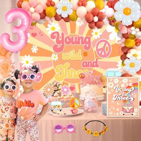 Young Wild and Three Decorations Girl, Three Groovy Birthday Party Decorations,Balloons, Backdrop Cake Topper, Sunglasses for Groovy Birthday Party Decorations, Hippie 3rd Birthday Party Decorations